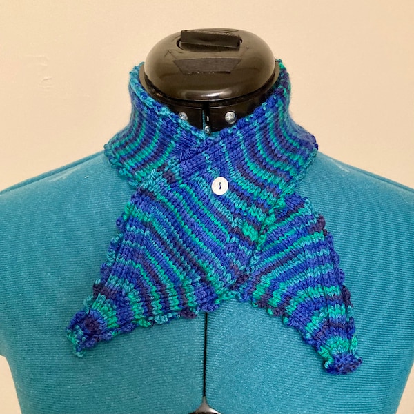 Hand-Knitted 100% Merino Wool Blue/Green Scarf/Necktie with Mother-of-Pearl Button