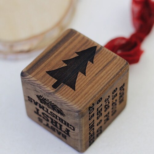 Lumberjack Baby Boy Girl Mountain Baby Christmas Tree Ornament Cute Buffalo Print Holiday Infant Gift Engraved Wood Cube, Lumberjack Design