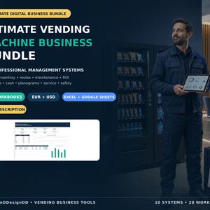 Könnte beinhalten: Ein digitales Business-Paket für Verkaufsautomaten mit 10 professionellen Managementsystemen, 20 Arbeitsmappen, kompatibel mit Excel und Google Sheets. Der Text enthält Ultimate Vending Machine Business Bundle, No Subscription und EUR + USD.