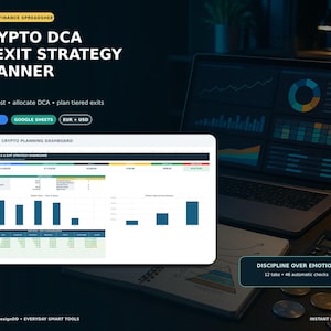 May include: A digital crypto DCA and exit strategy planner spreadsheet displayed on a screen. The interface features a dashboard with bar charts, financial data tables, and labels including Excel, Google Sheets, EUR + USD, and Discipline Over Emotion.