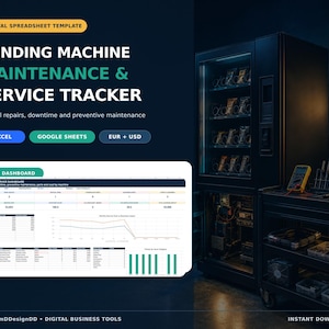 May include: A digital spreadsheet template for vending machine maintenance and service tracking, compatible with Excel and Google Sheets. The interface displays a live dashboard with data tables, charts, and metrics for repairs, downtime, and preventive maintenance in EUR and USD, alongside a vending machine and tools.