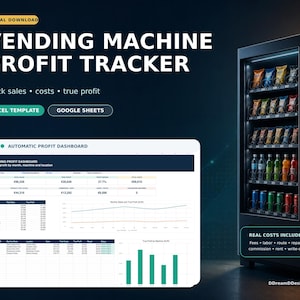 Könnte beinhalten: Eine digitale Vorlage zur Gewinnverfolgung für Verkaufsautomaten für Excel und Google Sheets. Die Benutzeroberfläche zeigt ein automatisches Gewinn-Dashboard mit Diagrammen, Tabellen und Finanzdaten. Ein schwarzer Verkaufsautomat mit Snacks und Getränken ist abgebildet.