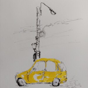 Schets gele auto/originele kunst/handbeschilderde inkt, aquarelkunst/originele kunstwerken