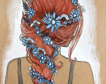 Boho Floral Braid Art Print, Red Headed Woman with Blue Flowers, eclectic, whimsical, romantic style