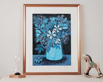 Boho Floral Bouquet Fine Art Print – Nursery Art, Eclectic, Van Gogh Style, Chinoiserie Original Flower Painting Giclee Reproduction