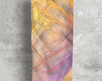 Colorful Abstract Scarf, Sunburnt Mustard and Purple Satin Wrap "Explore"