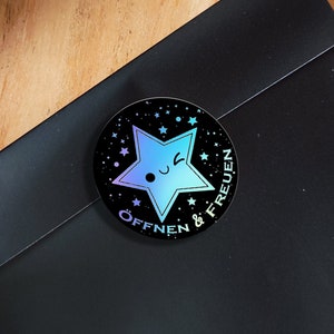 10 hologramsterren cadeaustickers, open en verheug je, 3 cm, holografisch, cadeaustickers, verpakking
