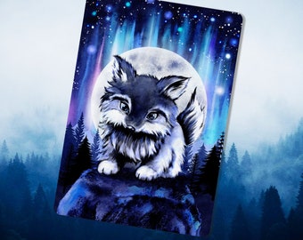 Kawaii Wolf Postkarte, Little Moon, Mondschein Grußkarte, Wölfe und Wald