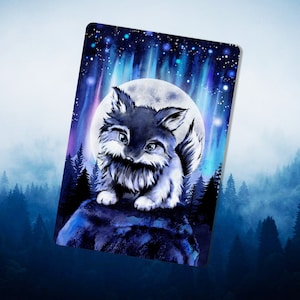 Cartolina di lupo kawaii, piccola luna, cartolina d'auguri al chiaro di luna, lupi e foresta