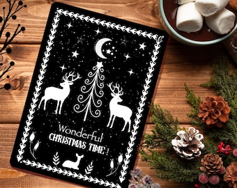 Christmas card with deer, deer, folk retro style, Norwegian postcard, Wonderful Christmas time, glossy