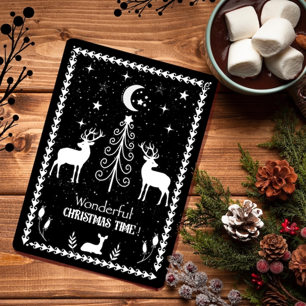 Weihnachtskarte mit Hirschen, Rehen, Folk Retro Style, Norwegische Postkarte, Wonderful Christmas time, glänzend