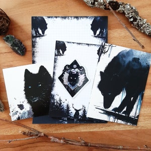 Wolves notepad set, postcards and holostickers, wolf stationery, deer, stickers