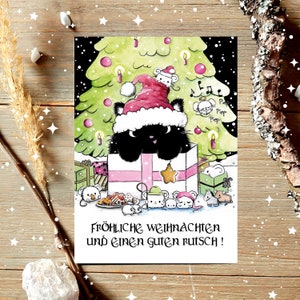 Cat Christmas card with mice, Christmas postcard, Christmas tree, nativity play