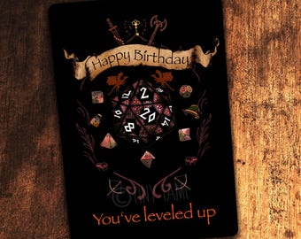 Verjaardagskaart voor rollenspellen, ansichtkaart voor rollenspellen, Dungeons and Dragons, fantasy, dobbelstenen