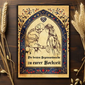 Könnte beinhalten: Vintage Hochzeitskarte mit einer Illustration eines mittelalterlichen Paares. Die Karte hat einen blauen und goldenen Rahmen mit floralen Akzenten und dem deutschen Text "Die besten Segenswünsche zu eurer Hochzeit."