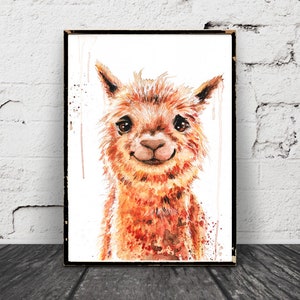 Alpaca watercolor poster, print, smile, kawaii, camel, llama, dromedary, children's room, picture, art, print