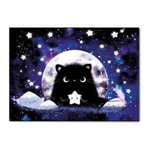Postkarte Katze ,Kater Moo  Grußkarte ,Sterne und Mond, Galaxy, kawaii, Valentinstag, Liebe Mondschein