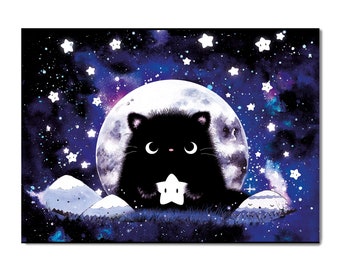 Postkarte Katze ,Kater Moo  Grußkarte ,Sterne und Mond, Galaxy, kawaii, Valentinstag, Liebe Mondschein