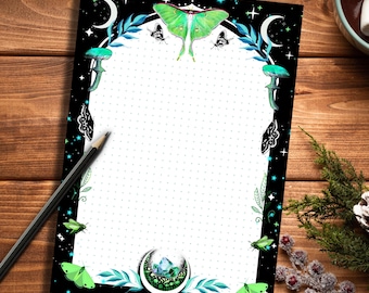 LUNAMOTH Gothic Notizblock mit Motten, A5 , punktkariert, 50 Blatt,Mond und Sterne