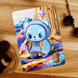 Gummibär Aquarell Postkarte, Beerensuche mit Waldtieren, Grußkarte, Natur, Bärchen