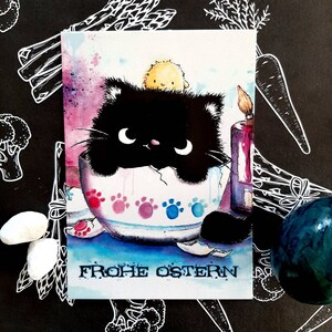 Cartolina di Pasqua gatto - gatto Moo nell'uovo di Pasqua biglietto d'auguri - divertente - kawaii - gatto nero - buona Pasqua