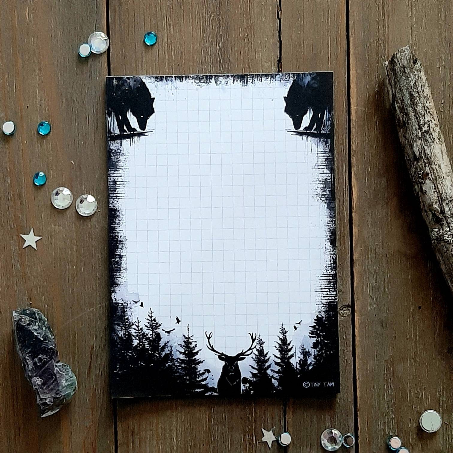 Wolves Notepad Squared, A6, Wolf, Deer, Fir Forest, Notepad