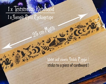 Gothic Witchy Sample Packaging Tape Test Strips, Environmentally Friendly Paper Tape, Moth, Stars, Moons, 5cm x 25cm