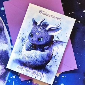 Biglietto di auguri con simpatico drago in un uovo di drago, per nascita, baby shower, biglietto pieghevole con busta, formato A6