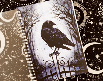 Notebook Gothic Crow A5, dotted, spiral bound, crow, bat, cat