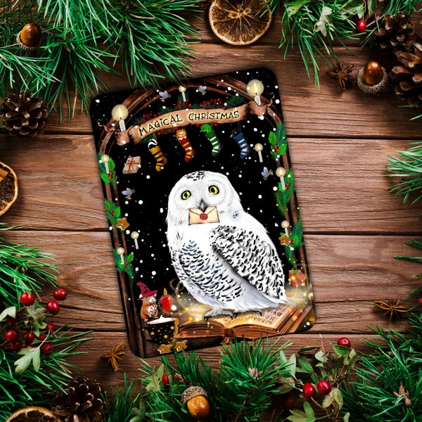 Magische Weihnachtskarte , Postkarte, Magical Christmas, Eule, glänzend