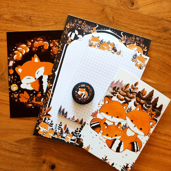 Kawaii Füchse Notizblock Set, Postkarten und Button, A5 Block, A6, Geburstagsgeschenk, süsser Fuchs, Tiny Tami