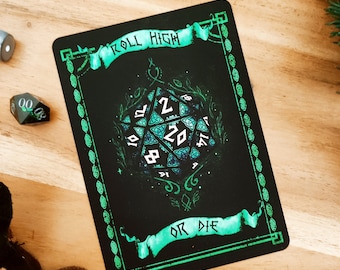 Roleplay Celtic W20 Dice Postcard, Roll high or die, Roleplay, Tabletop, with saying, Board game