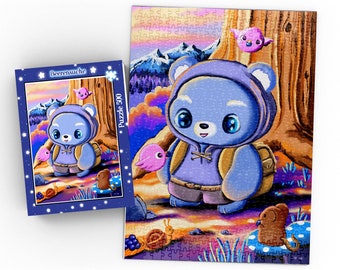 Kawaii Bear Puzzle 500 pieces, cute bear looking for berries, with birds and mouse