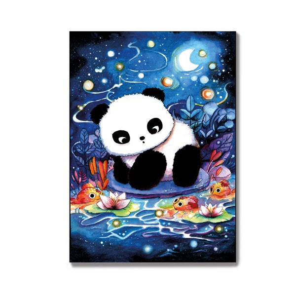 Panda Postkarte in Aquarell, Koi Teich, Fische, Pandababy, kawaii, Geburtstagskarte