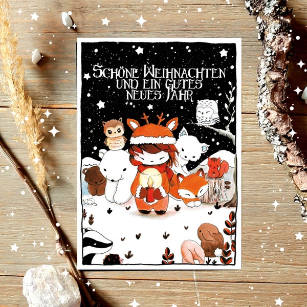 Weihnachtskarte mit Waldtieren, Postkarte, Sterne und Schnee, Karte zu Weihnachten, Sternenhimmel