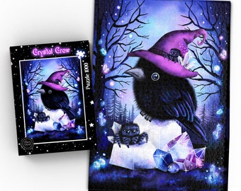 Crystal Crow Puzzle 1000 Teile, Kristall Krähe mit Hexenhut und Spinnen, Gothic Witchy