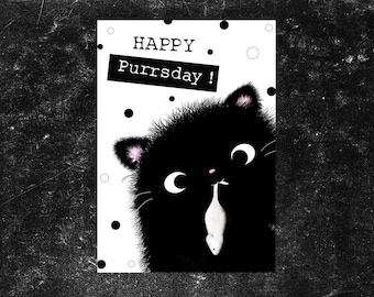 Geburtstags Postkarte Katze | Happy Purrsday |  Kater Moo | kawaii | schwarze Katze | Geburtstagskarte