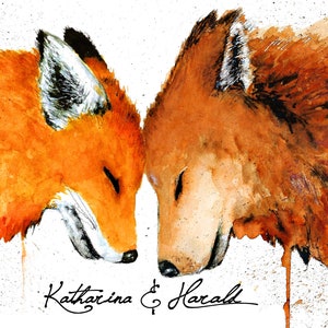 Fox and wolf watercolor poster, print, customizable, picture, wedding gift, fox picture, engagement, love