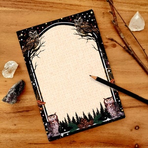 A5 owl notepad MAGIC OWL FOREST, dotted, 50 sheets, eagle owl, forest, fir trees, nature