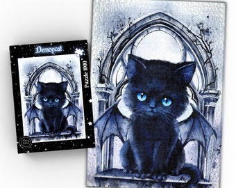 Demoncat Katzen Puzzle 1000 Teile, Gothic Katze mit Fledermaus Flügeln, Gothic Witchy