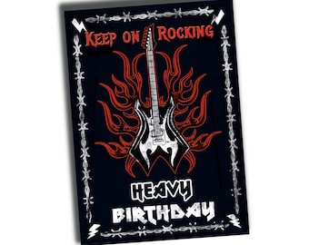 Continua a rockeggiare! Biglietto di auguri di compleanno Heavy Metal con chitarra per metallari e rocker, Heavy Birthday