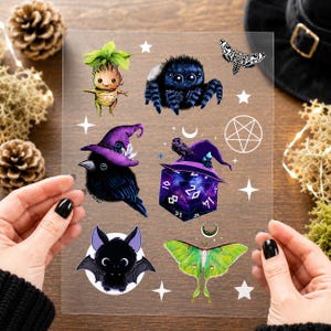 Gotische heksenachtige strijktransfers A5-vel 15 x 21 cm DTF Folie Kraai Spin Motten Mandragora Sterren Halloween