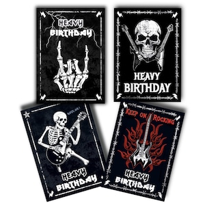 Set di 4 biglietti di auguri di compleanno Heavy Metal con buste nere, cartoline per metallari e rocker