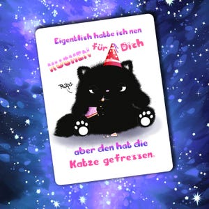 Carte d'anniversaire chat | Chat kawaii noir mangé par un gâteau | Carte postale avec enveloppe en option