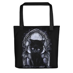 Gothic Dämonenkatze Einkaufstasche, Stoffbeutel, schwarz mit 20 Kg Tragekraft