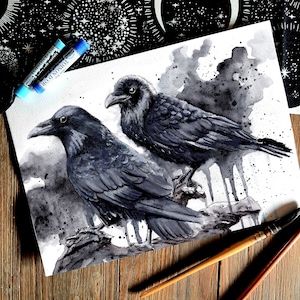 Watercolor Ravens Poster, Hugin and Mugin, Viking Crows Print, Gothic Print, Birds Art