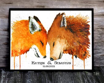 Affiche aquarelle personnalisée renard et loup, cadeau de mariage, image de renard, fiançailles, amour, format A4