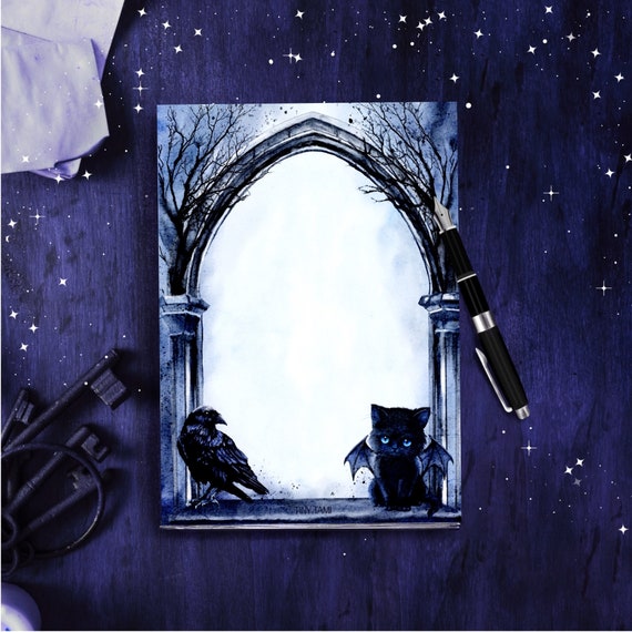 Aquarell Gothic Notizblock, Krähe, Dämonen Katze A5, Witchy
