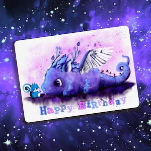 Drachen Geburtstagskarte, Happy Birthday, Samtig weiche Kinder Postkarte, Aquarell Eichhörnchen