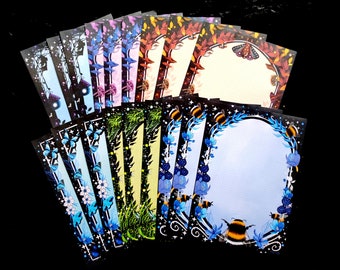 A4 WRITING PAPER Set, 18 individual sheets, printed on both sides, Gothic and insect motifs, notepad pages